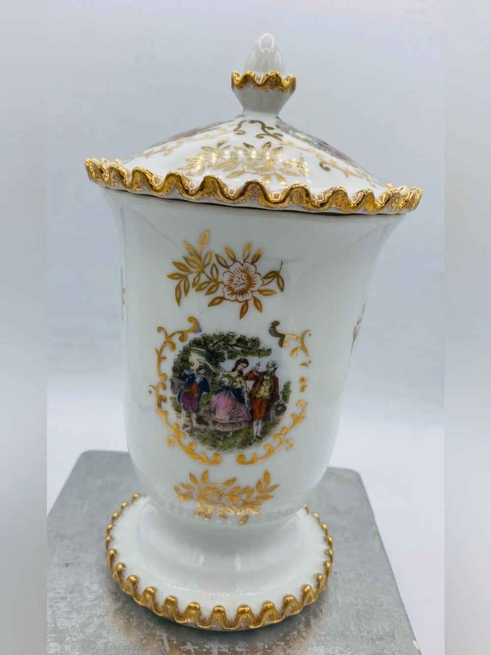 Vintage Lefton Porcelain Lidded Jar/Urn Hand Painted Courting Couple Gold Trim